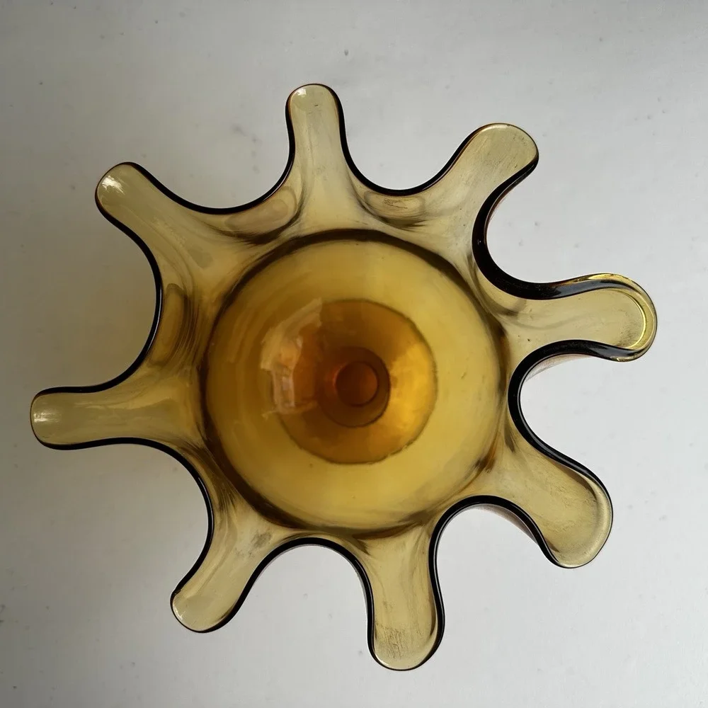 Vintage Fenton Glass Vase Thumbprint Handkerchief Colonial Amber 8.5